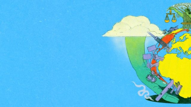 Planet earth on a blue background, in trasparency, with a green / arborial version of Jutsice standing atop a world, Green hands are cupping the Earth, which although beautiful is alos ravaged by oil drilling, sprouting with protest. Dolphins spring from the oceans.