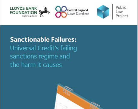 Cover of a report on Universal Credit sanctions, Sanctionable Failures. Illustration shows desk calendar with days crossed out obscuring a small pile of coins.