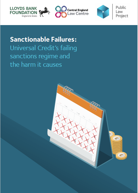 Cover of a report on Universal Credit sanctions, Sanctionable Failures. Illustration shows desk calendar with days crossed out obscuring a small pile of coins.